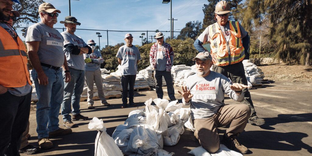 california wildfires volunteers learn sandbag techniques.