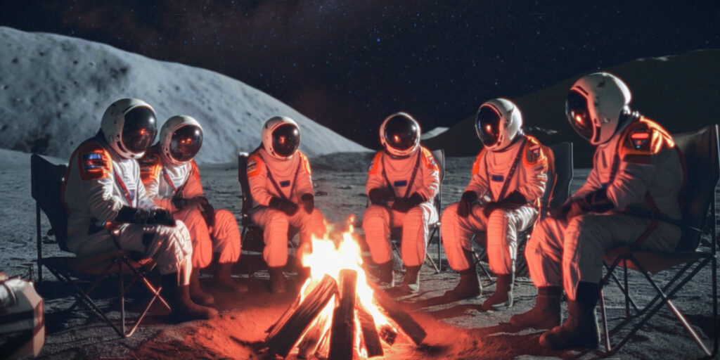 asteroid defense volunteers seated by a campfire on the Moon. AI generated image for April Fools joke.